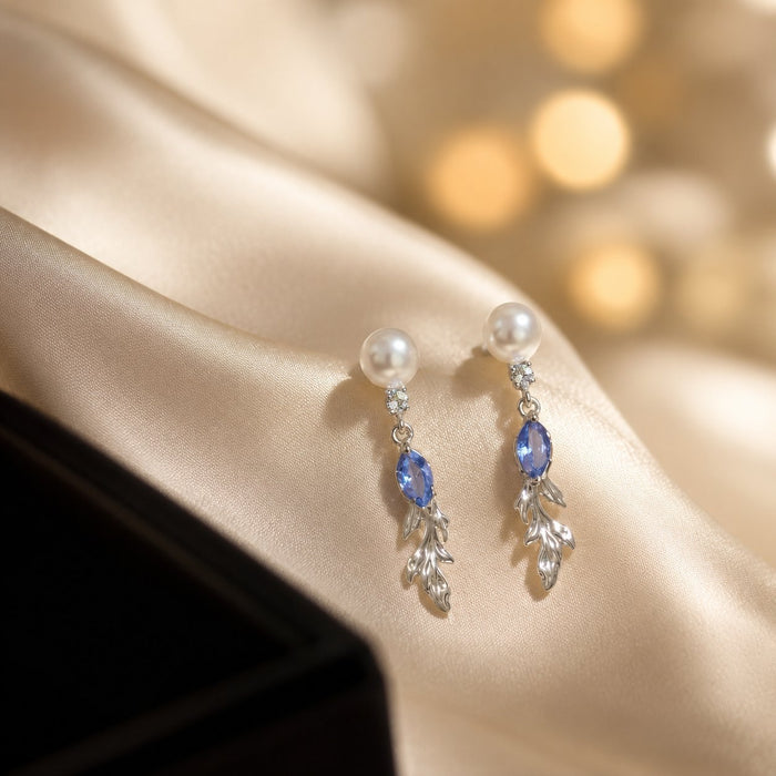 Wholesale Vintage Blue Diamond Pearl Long Earrings Silver Tassel Leaf Design Fairy Party Jewelry Accessory