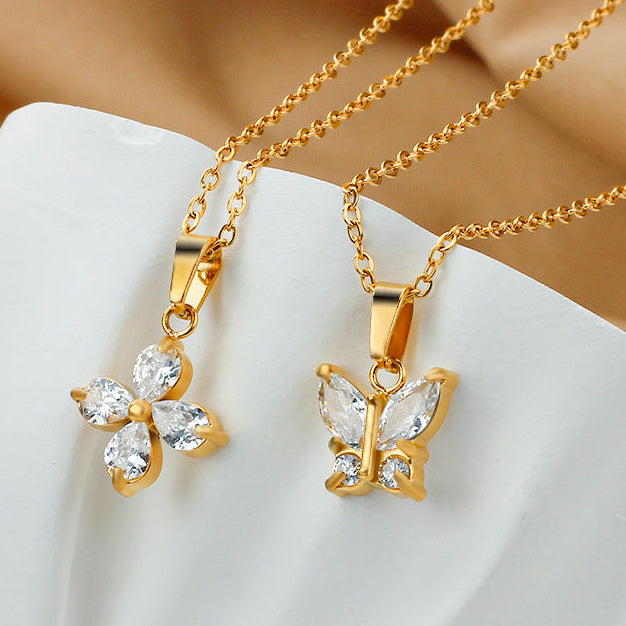 Wholesale Gold Butterfly Zircon Pendant Necklace Titanium Steel Fashion Jewelry MOQ≥2