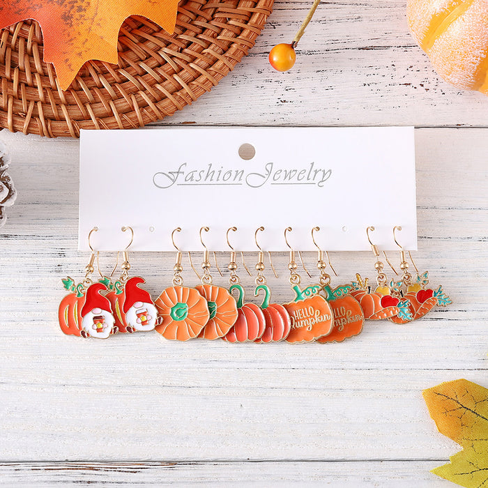 Wholesale Pumpkin Carrot Pendant Earring Set Printed Alloy Jewelry Accessory for Thanksgiving