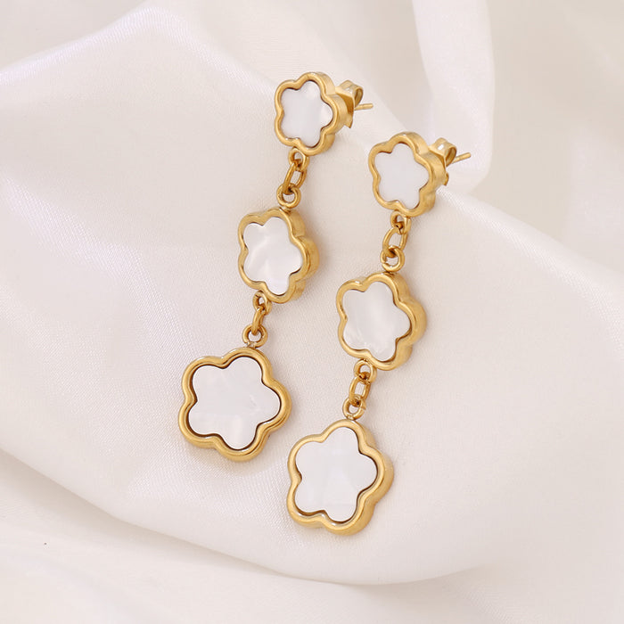 Wholesale Stainless Steel Five-Leaf Clover Earrings Niche Versatile Tassel Ear Studs,  Earrings,  Ear Accessories