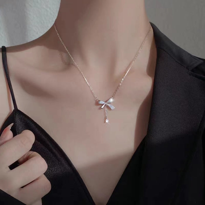 Wholesale Titanium steel necklace bow temperament versatile light luxury tassel collarbone chain accessory