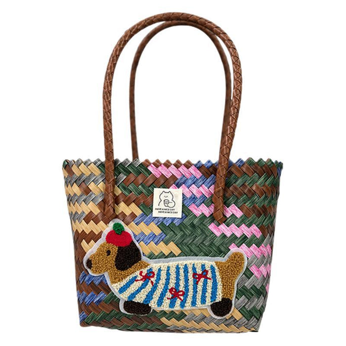 Wholesale Dachshund Striped Straw Bag Retro Woven Vegetable Basket Small Square Bag Commuter Tote Bag Shoulder Bag Cross-Border
