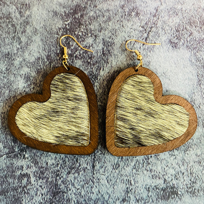 Wholesale  Valentine' s Day Genuine Leather Earrings Love Leopard Horse Hair Inlaid Wooden Earrings