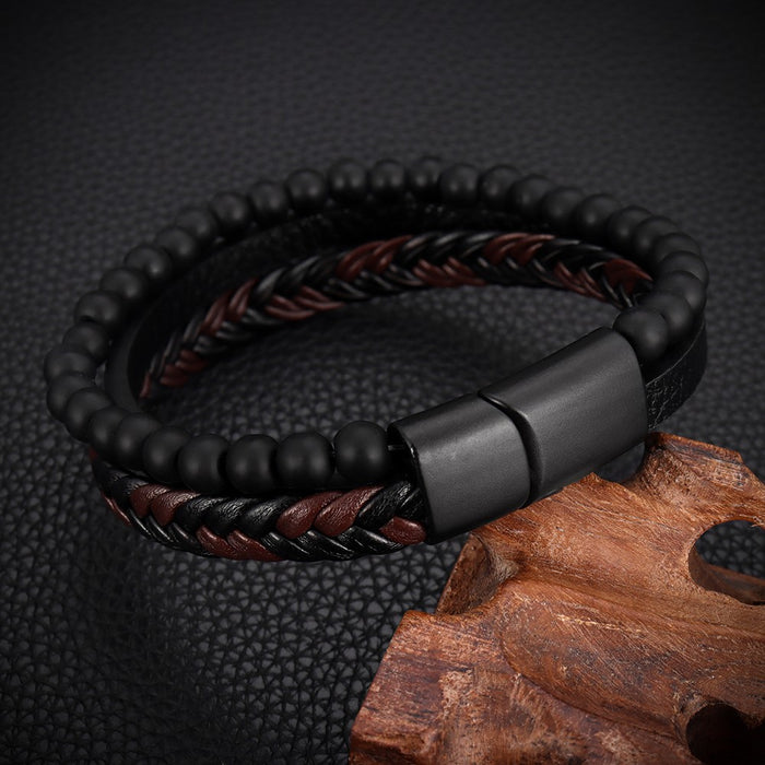 Wholesale Volcanic Stone Multi-layer Leather Men's Bracelet JDC-BT-FengH003