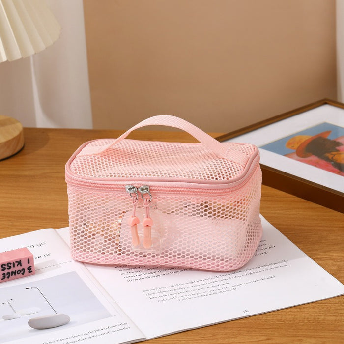 Wholesale Modern Multifunctional Mesh Cosmetic Bag 3 Piece Set Large Capacity Portable Foldable Travel Toiletry Organizer Handbag Pink