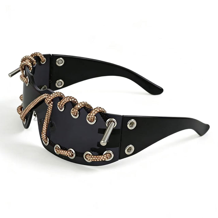 Wholesale Cyberpunk Rimless Rhinestone Sunglasses with Metal Rings and Rivets