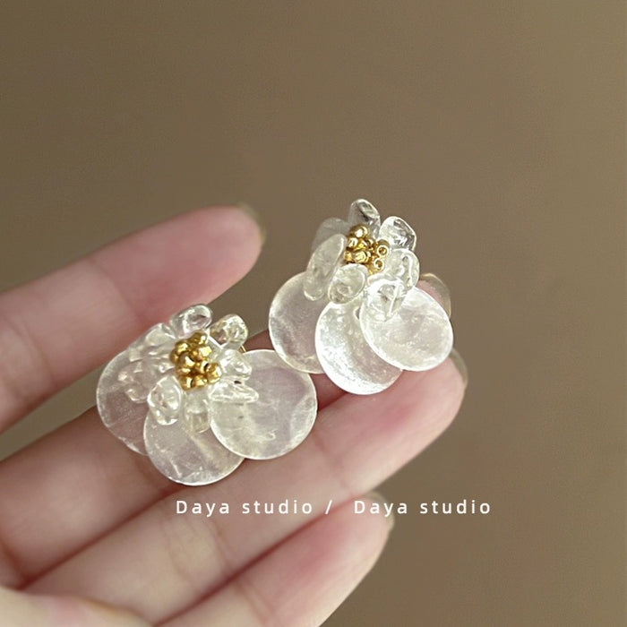 Wholesale Natural Shell Crystal Stud Earrings Ear Clip Beaded Flower