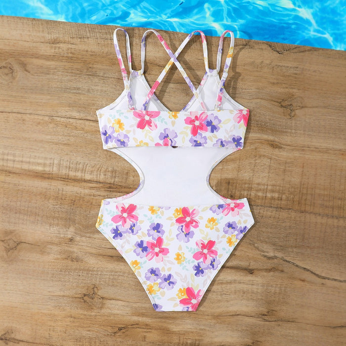 Wholesale Girls' one-piece swimsuit, children's one-piece shoulder strap, cross suspender, hollowed out floral swimsuit