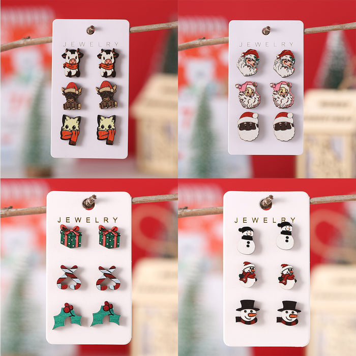 Wholesale Christmas Wooden Earring Set Snowman Santa Design Fashion Accessory