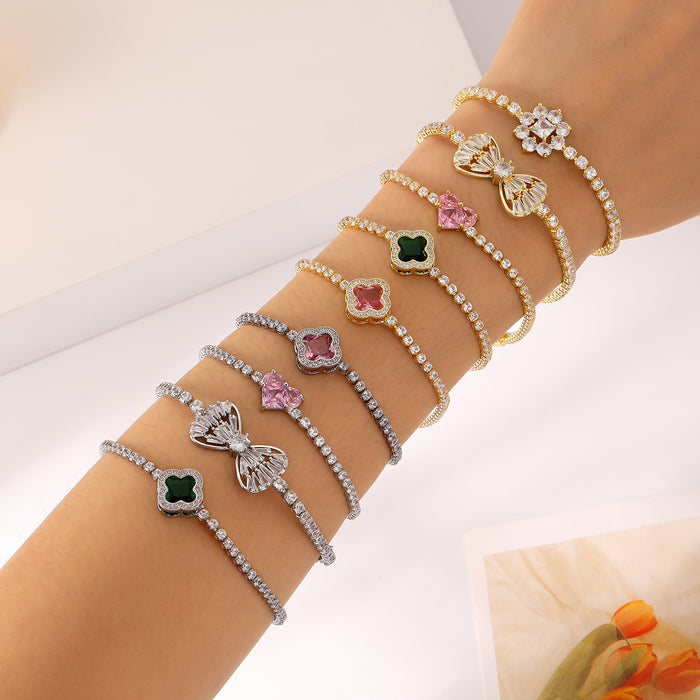 Wholesale Copper Inlaid Zircon Four-leaf Flower Bow Bracelet JDC-BT-Bein001