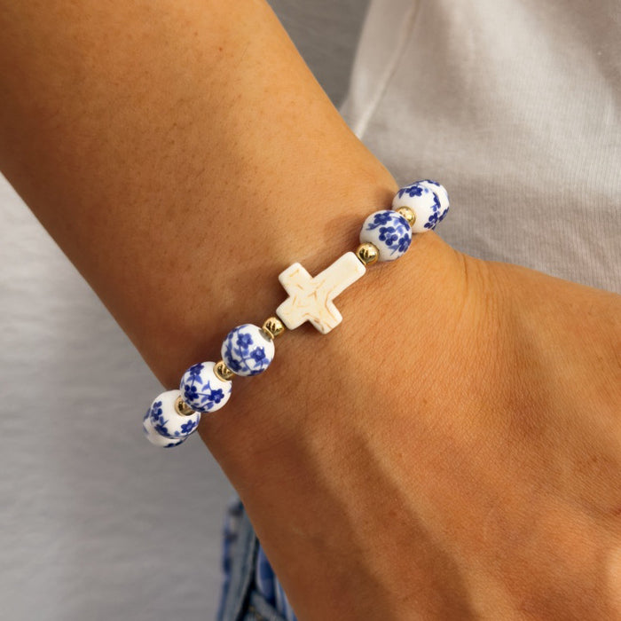 Wholesale Chinese Vintage Ceramic Bead Bracelet with Alphabet Cross Design Fashion Accessory Gift MOQ≥2