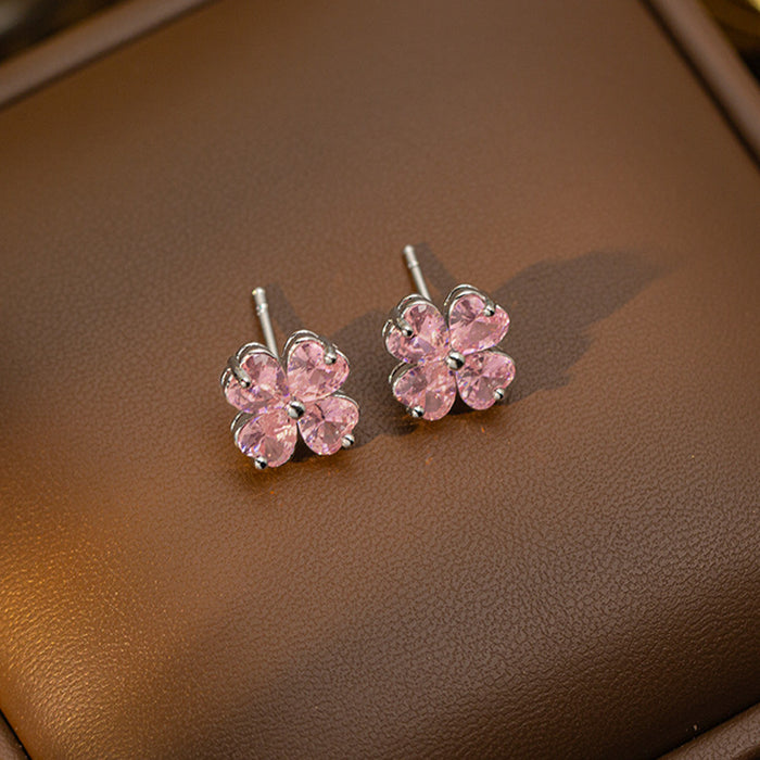 Wholesale Copper-set zircon four-leaf clover colored Titanium steel pendant necklace and earring set