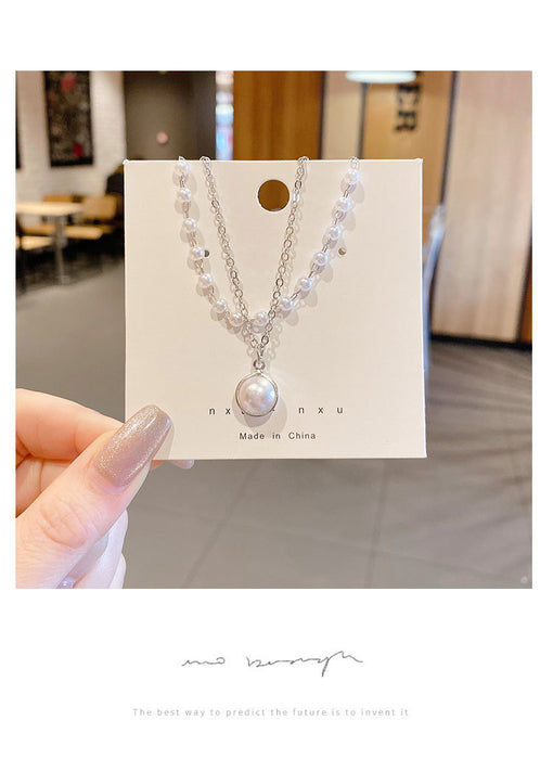 Wholesale Niche double-layer pearl pendant necklace with simple temperament, neckchain, collarbone chain