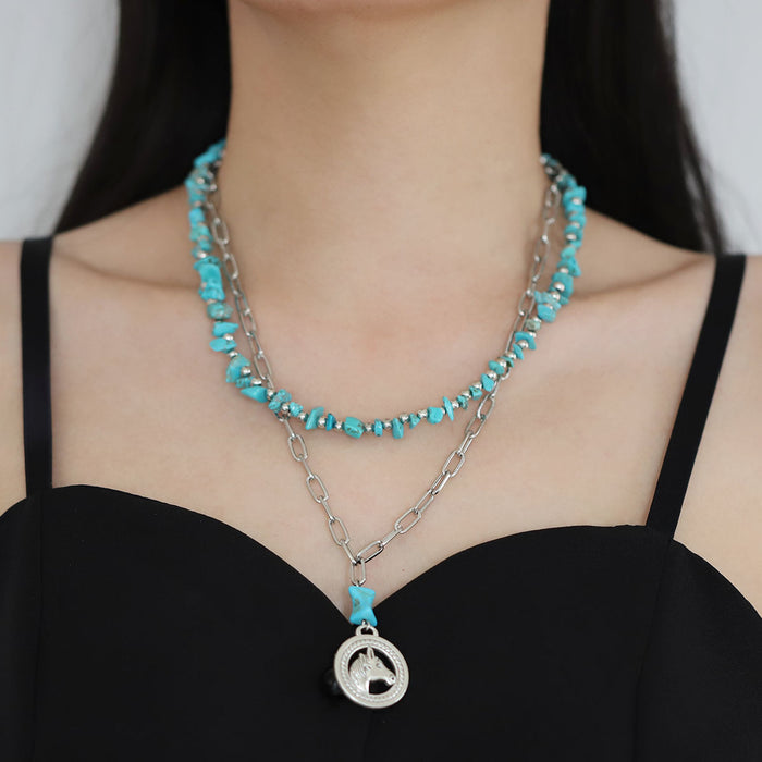 Wholesale Turquoise Beaded Alloy Pendant Multi-layer Necklace Bracelet suit