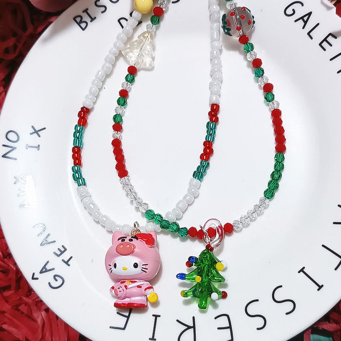 Wholesale Christmas Series Holiday Dress Up Pink Pig Cat bling Crystal Beaded Christmas Tree Short Necklace Chain Jewelry