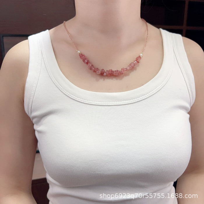 Wholesale Pink crystal necklace, crystal raw stone necklace, niche peach blossom crystal crushed stone necklace