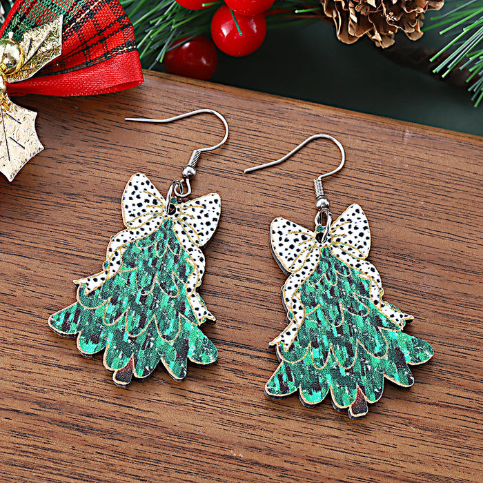 Wholesale Christmas cow print bow Christmas tree drop earrings