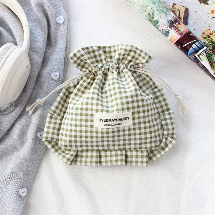 Wholesale Stylish Pink Plaid Drawstring Pouch With Lace Trim Multipurpose Travel Storage Bag For Makeup Brushes Fashion Accessory For Boutique Resale