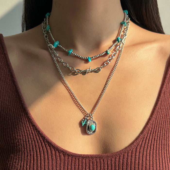 Wholesale Vintage personalized imitation turquoise collarbone chain bead necklace set accessories