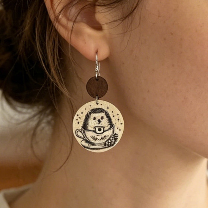 Wholesale Wood Hedgehog Print Drop Earrings Retro Star Pattern Fashion Accessory