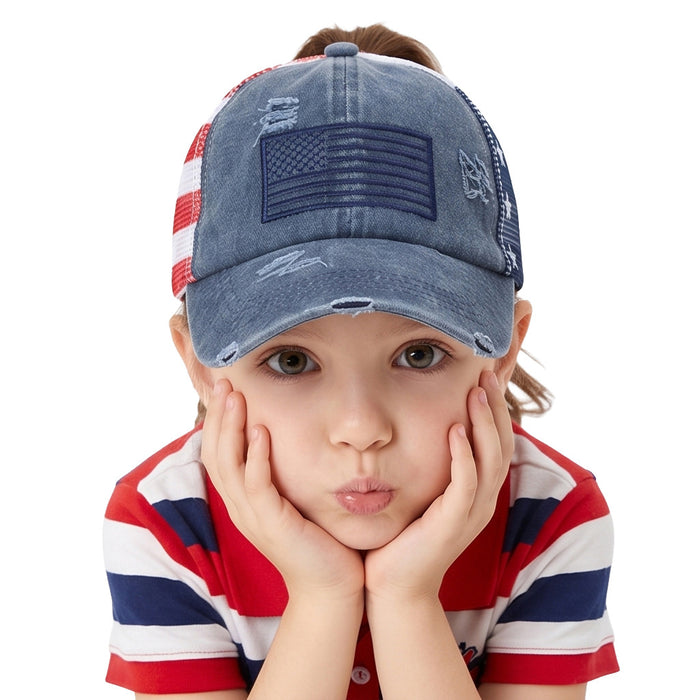 Wholesale Stylish Distressed American Flag Embroidered Children' s Baseball Cap Navy Blue Sun Protection