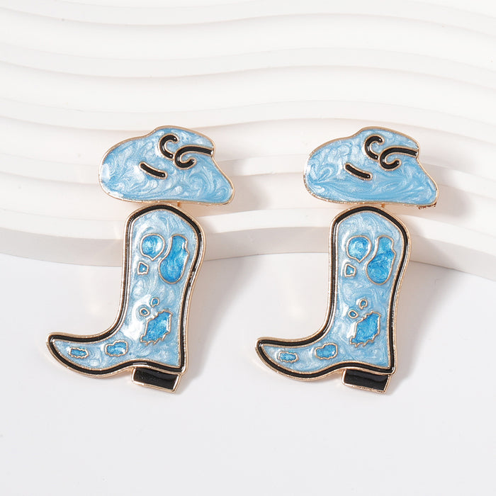 Wholesale Western Denim fashion creative alloy hat shoes drop oil Love earrings