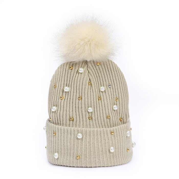 Wholesale Studded Pearl Knit Hat Pom-Pom Hat Outdoor Casual Warm Hat Breathable and Warm