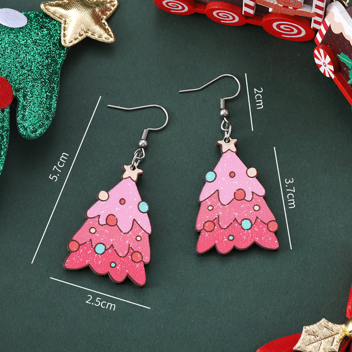 Wholesale Christmas Lantern Bow Pink Christmas Tree Pendant Earrings Wooden Double-sided Earrings Gift