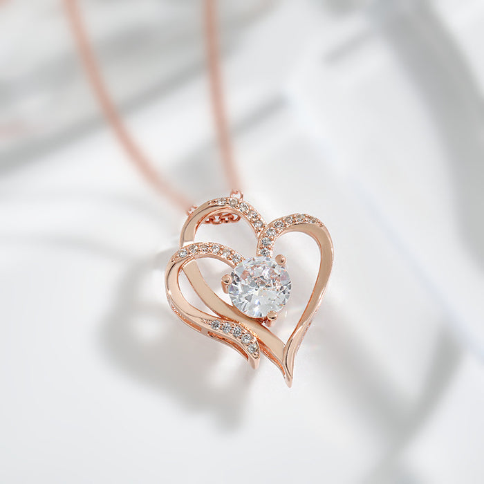 Wholesale Cross border platinum double heart pendant necklace with elegant temperament and high-end feel, set with zircon heart necklace