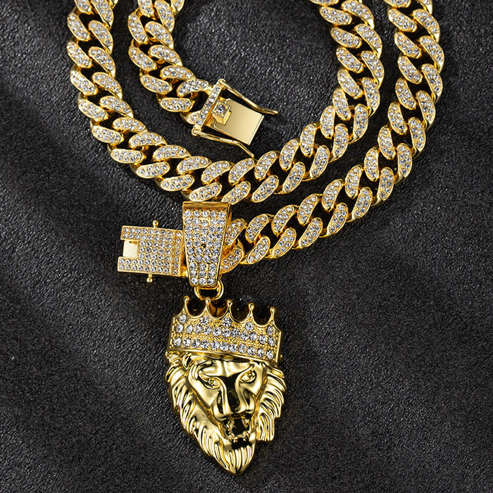 Wholesale long necklace Cuban chain Crown lion head pendant men's accessories