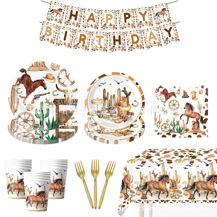 Wholesale Western Horse Racing Cowboy Kentucky Derby Party Set Paper Plates Napkins Tablecloth Tableware Horse Racing Theme