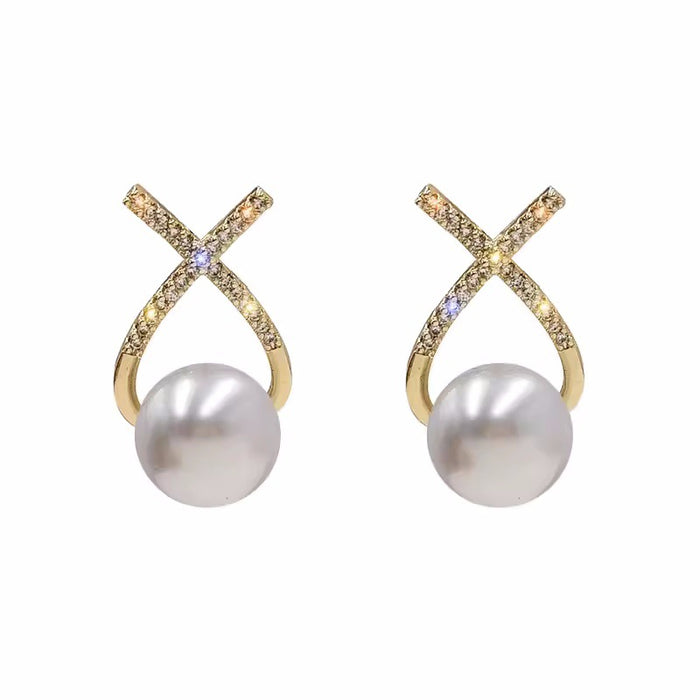 Wholesale Micro inlaid zircon cross pearl earrings with a light luxury temperament