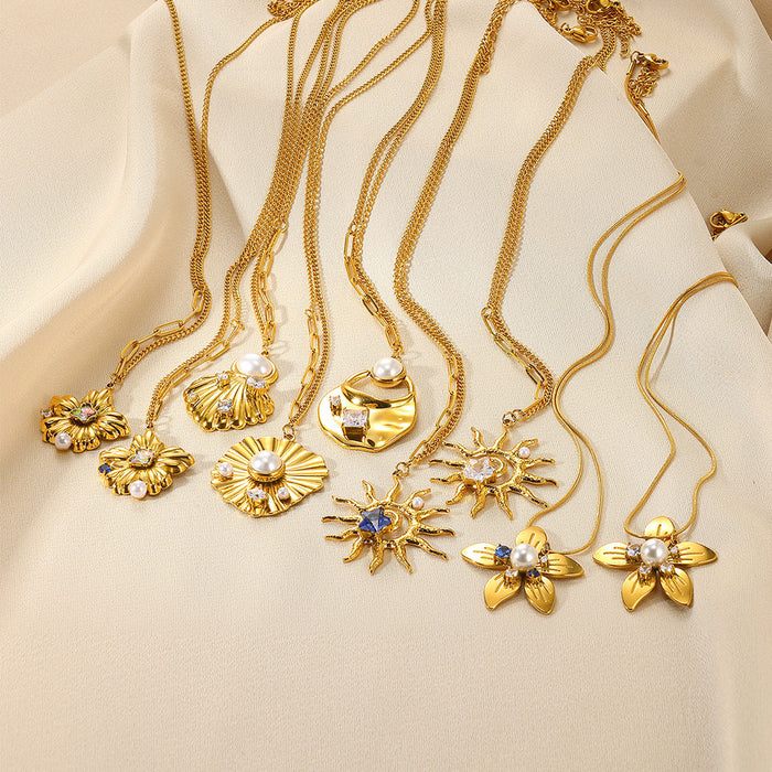 Wholesale Stainless Steel Vacation Ocean Imitation Pearl Jewelry Sunflower Necklace