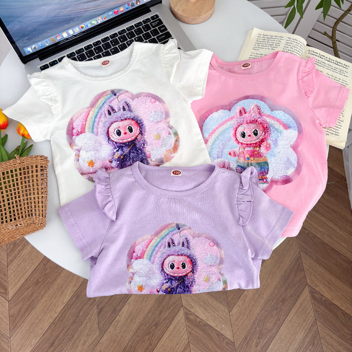 Wholesale New summer children' s clothing for girls,  double-sided color-changing sequined short-sleeved T-shirt with cartoon bottoming shirt