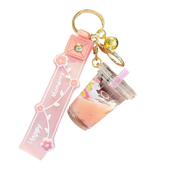 Wholesale Cute milk tea cup unicorn oil quicksand key chain rainbow horse bag hanging ornaments grab baby machine small gifts