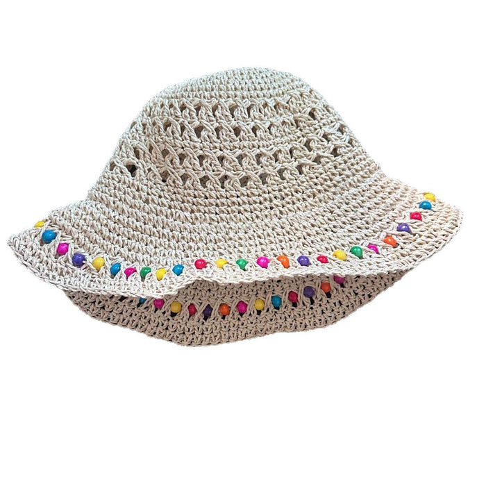 Wholesale Colorful wooden bead grass hat for women in summer with hollowed out large brim for sun protection and foldable fisherman hat