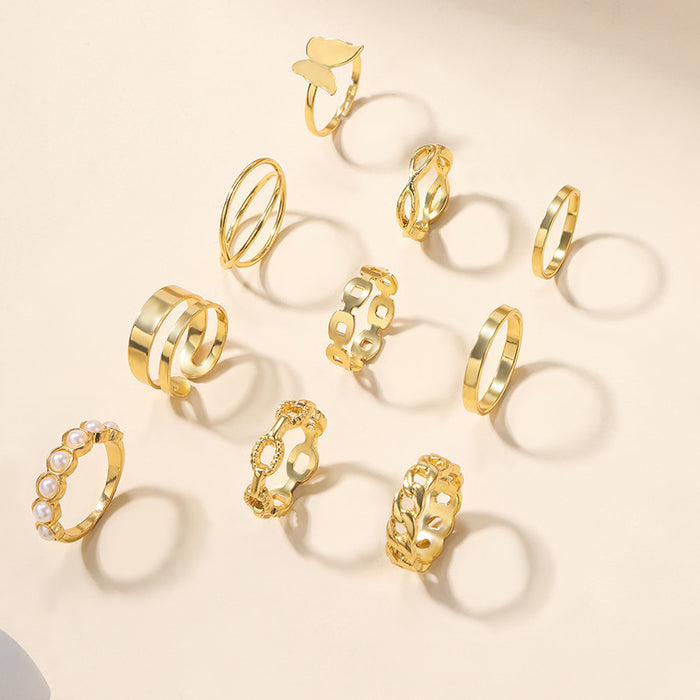 Wholesale Jewelry Simple Pearl Ring Butterfly Alloy Ring Set 10 Piece Set Batch