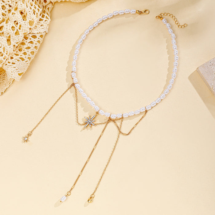 Wholesale Jewelry, pearl necklace, personalized tassel alloy, hexagonal star collarbone chain