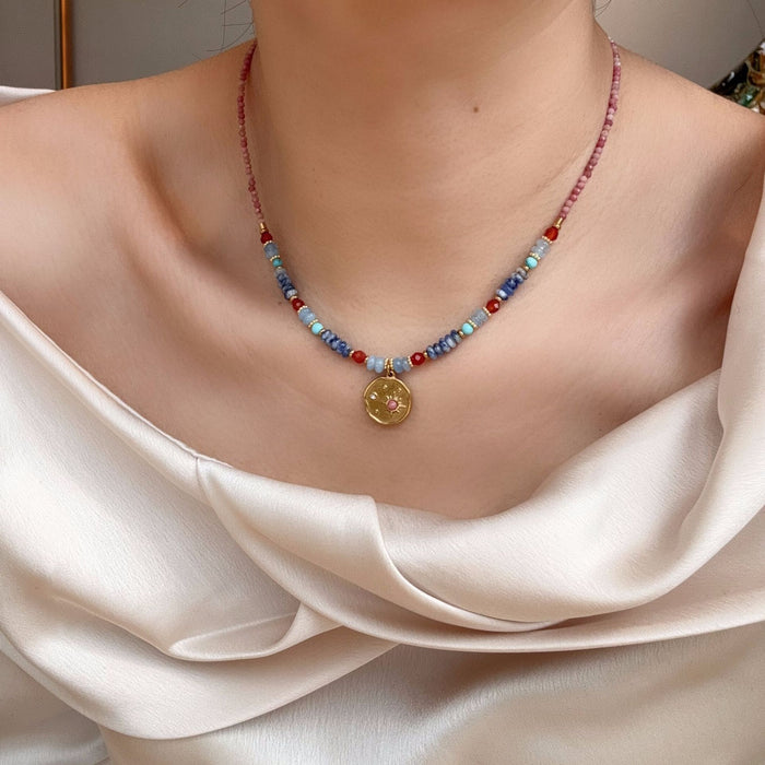 Wholesale Natural stone bead necklace light luxury niche retro red patterned stone layered turquoise high-end necklace