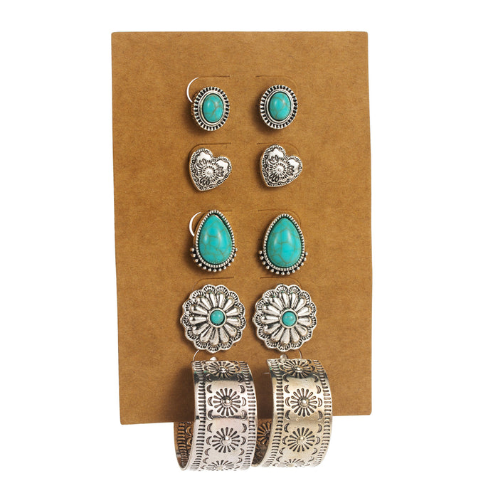 Wholesale 5 pairs of vintage turquoise flower heart geometric stud earrings