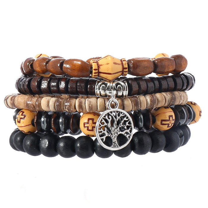 Wholesale New Retro Style Wooden Beads Turquoise Alloy Accessories Mixed Bracelets Men's Beaded Bracelet Set JDC-BT-XH005