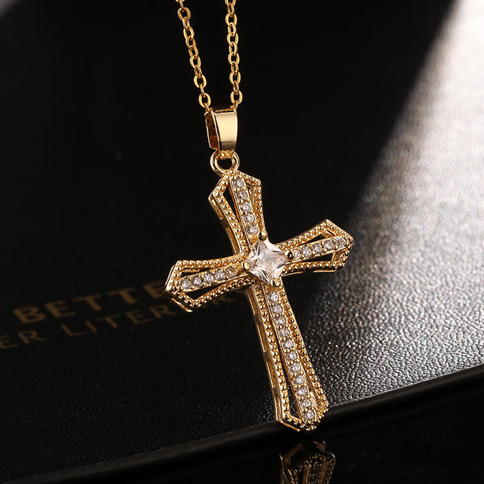 Wholesale Copper Inlaid Zircon Cross Pendant Necklace JDC-NE-ShangY035