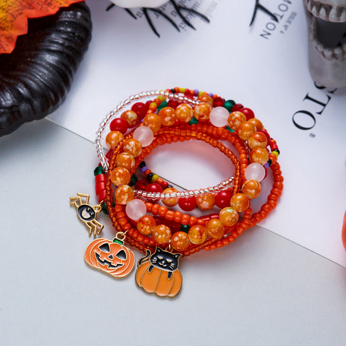Wholesale Halloween Stacking Bracelet Set with Pumpkin Ghost and Skeleton Beads Jewelry Accessory