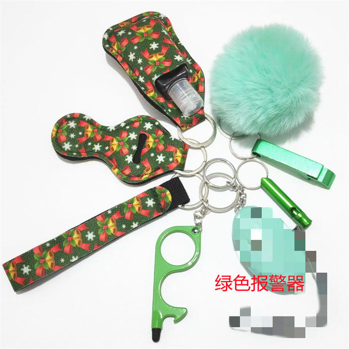 Wholesale Stylish Women S Christmas Pattern Self Defense Keychain 9 Piece Set With LED Alarm Metal Electroplated Party Gift And Decorative Accessory