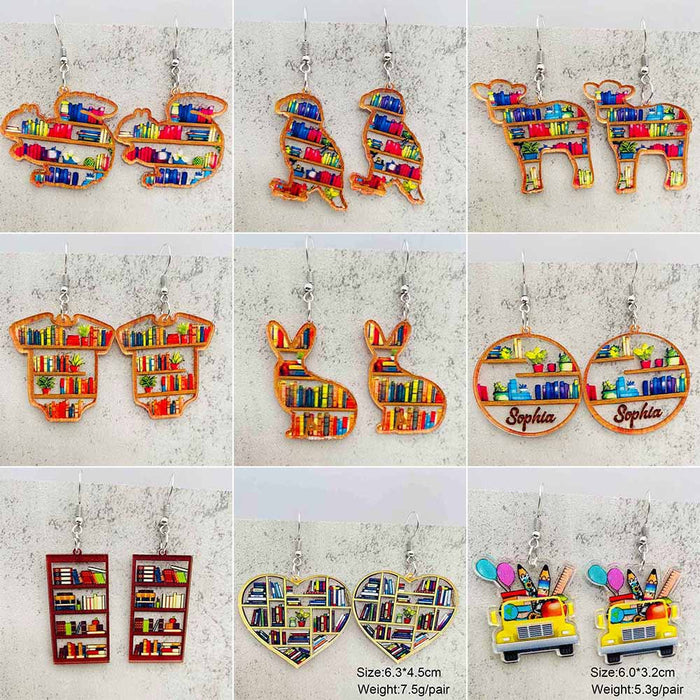 Wholesale Acrylic Teacher' s Day Earrings Rabbit Cat Love Cloud Bookshelf Earrings for Book Lovers