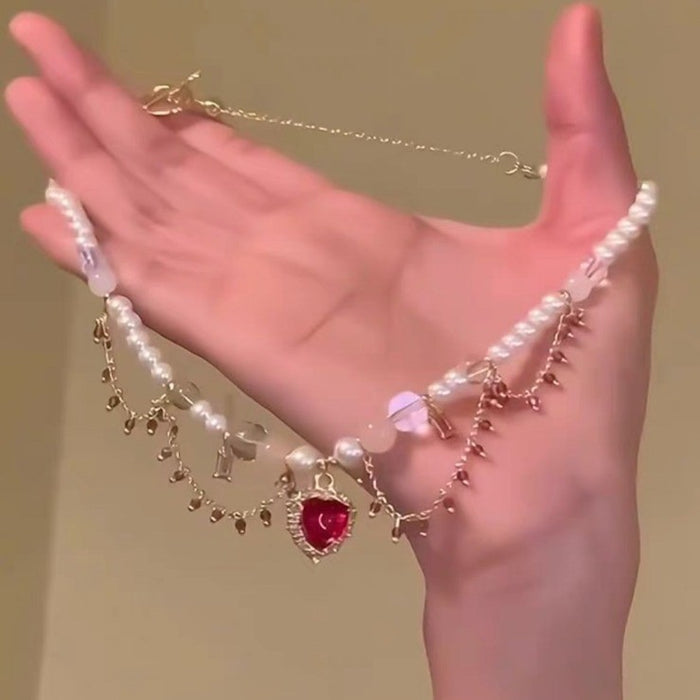 Wholesale Butterfly tassel necklace, double-layer layered versatile heart pendant, collarbone chain
