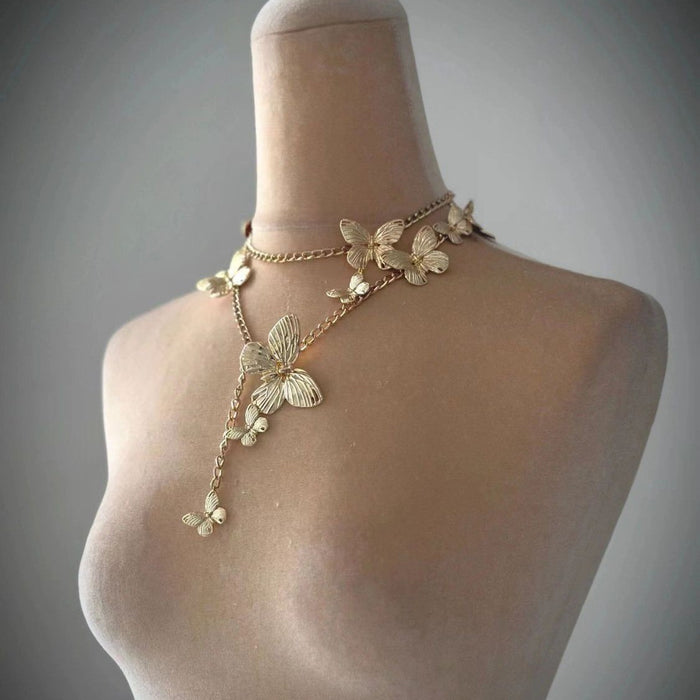 Wholesale Butterfly tassel necklace, double-layer layered versatile heart pendant, collarbone chain