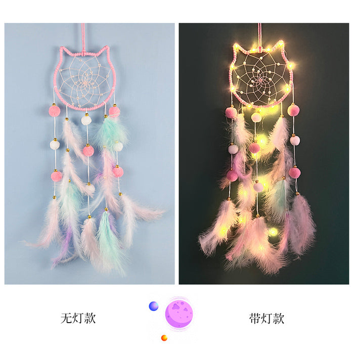 Wholesale Cat Head Dreamcatcher Hanging Ornament Handmade Pink Feather Decor MOQ≥2