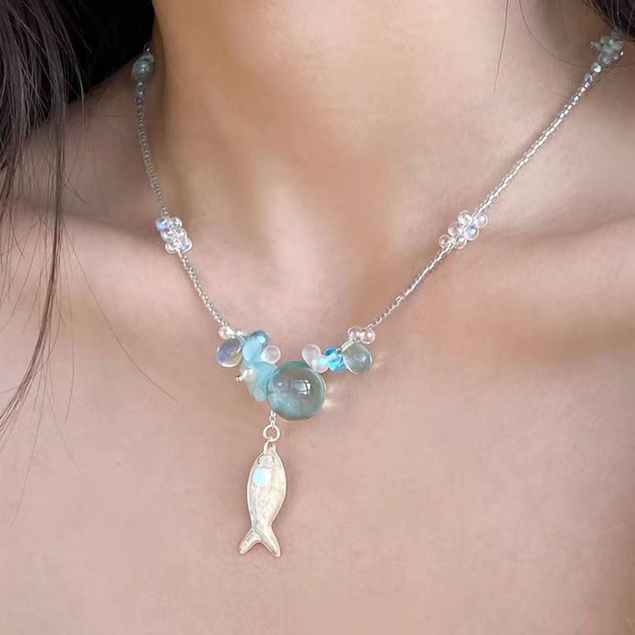 Wholesale Alloy Beaded Choker Necklace Blue Flower Fish Design Summer Vacation Style