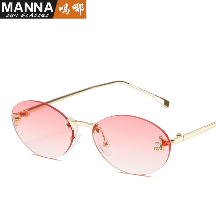 Wholesale Elliptical frame small frame sunglasses, new frameless cut edge personalized glasses, dot diamond sunglasses
